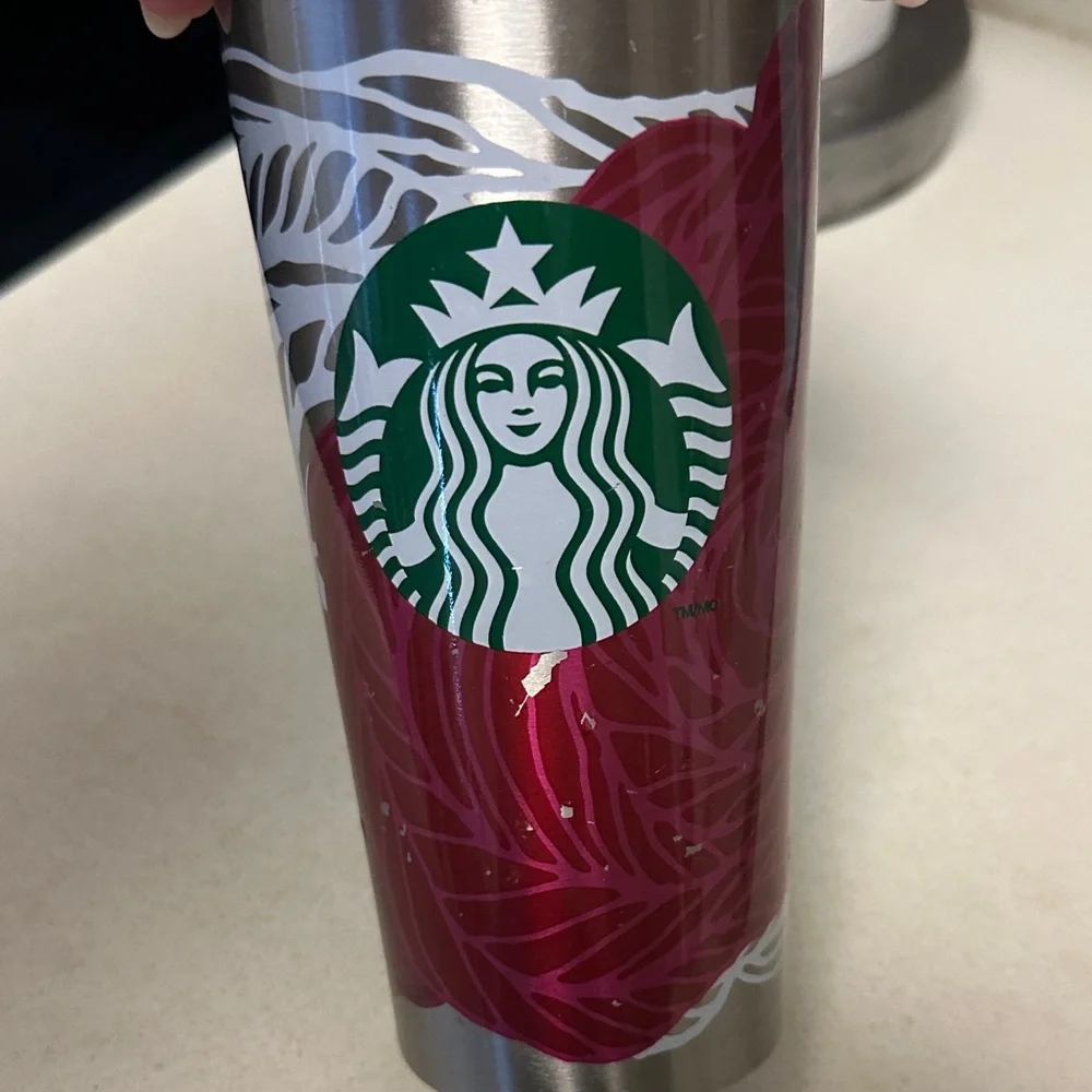 Starbucks Stainless Steel Tumbler with magenta and white floral Pattern
